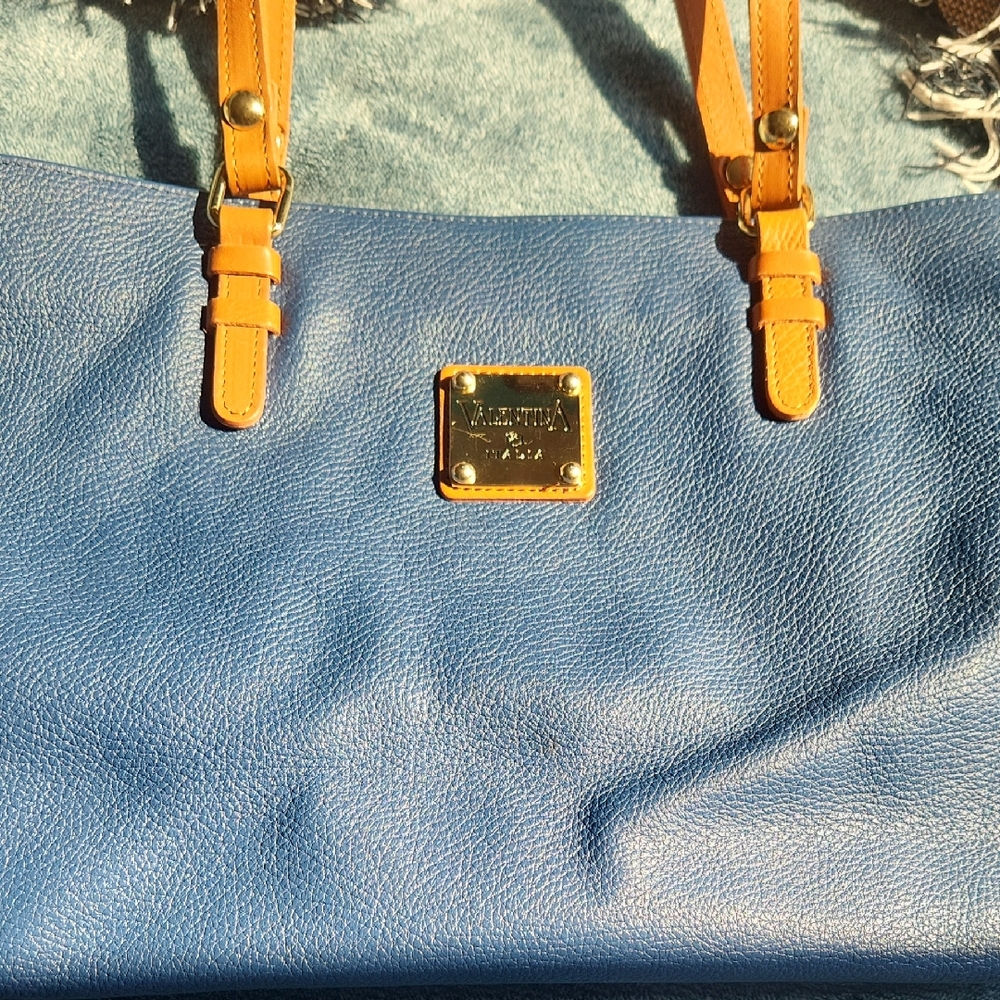 Valentina Blue and Tan Shoulder Bag with Textured Leather